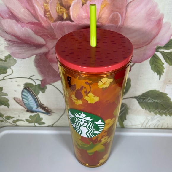 New Starbucks 2022 Strawberry Fields Orange Floral Pink Seed Printed Lid… - Picture 2 of 5
